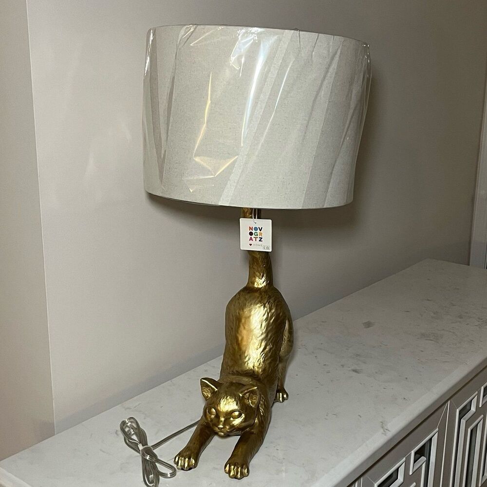 Novogratz Home TikTok Viral Gold Stretching Cat Table Lamp Decor